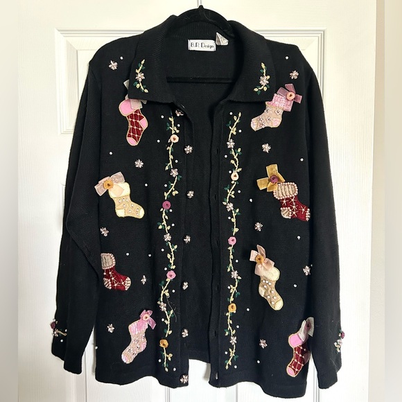 B P Design Size XL Black Embroidered Beaded Christmas Cardigan Sweater Vintage - Picture 1 of 12